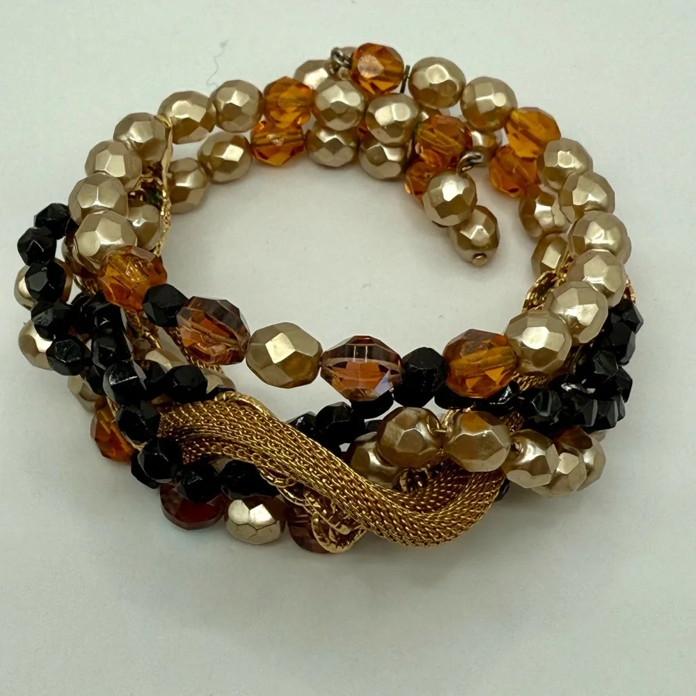 Bohemian Mixed Media Multi-Strand Wire Bracelet Adjustable Glass, AB, Gold Tone